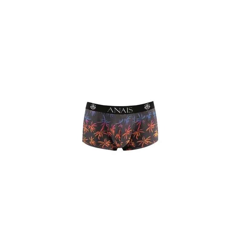 Photographie d'un boxer homme en tulle noir doux avec imprimé palmiers colorés, coupe sportive jambes longues - ANAIS MEN