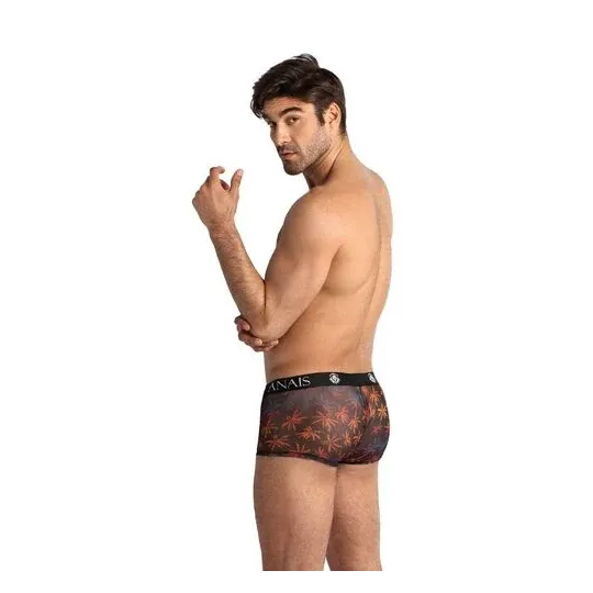 Photographie d'un boxer homme en tulle noir doux avec imprimé palmiers colorés, coupe sportive jambes longues - ANAIS MEN