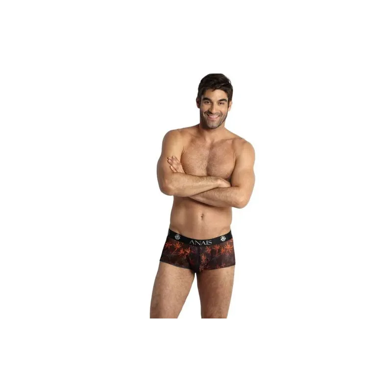 Fotografia di un boxer uomo in tulle nero con stampa palme colorata, taglio sportivo gambe lunghe - ANAIS MEN
