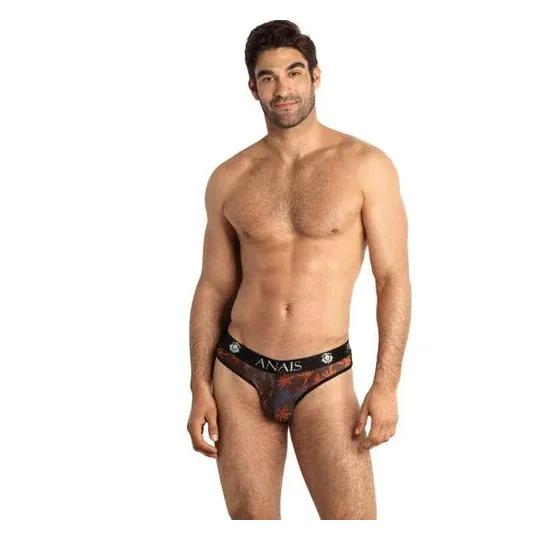 Slip sexy uomo ANAIS Men in tulle nero con stampa palme colorate, vita elastica