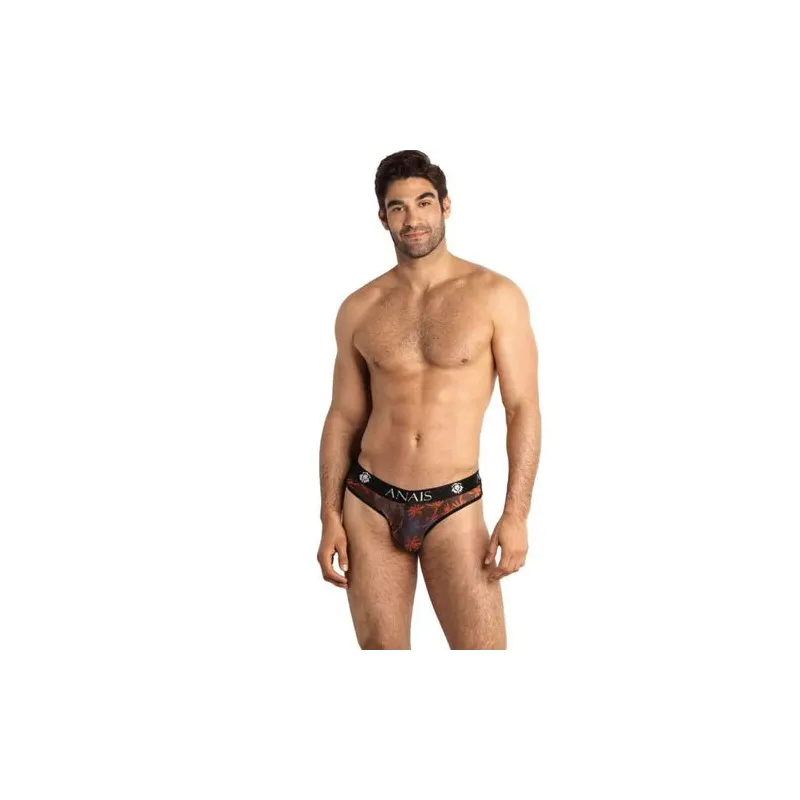 Slip sexy uomo ANAIS Men in tulle nero con stampa palme colorate, vita elastica