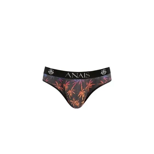 Sexy Männerslip ANAIS Men aus schwarzem Tüll mit buntem Palmenprint, elastischer Bund