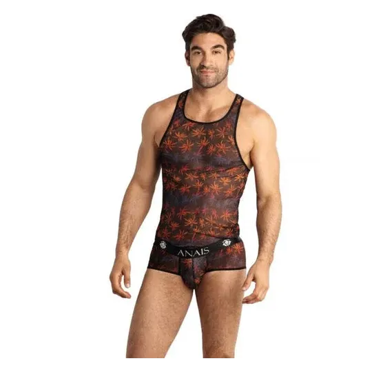 Top uomo in tulle nero con stampa palme colorate – senza maniche – ANAIS MEN