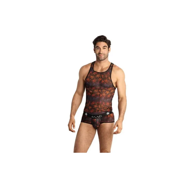 Men's black mesh top with colorful palm tree print, sleeveless, ANAIS MEN brand