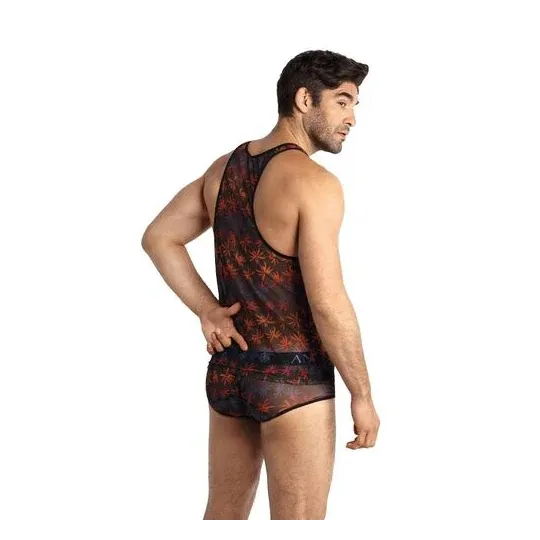 Top homme en tulle noir avec imprimé palmiers colorés – sans manches – ANAIS MEN