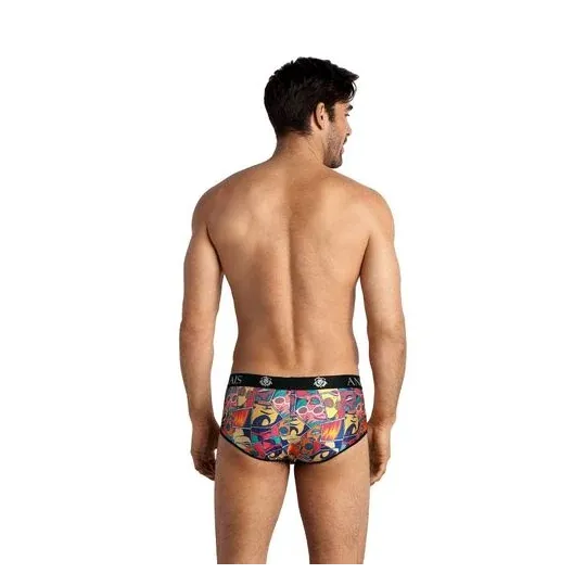 Slip comics coupe sportive ANAIS MEN, motif BD coloré, taille L, vue de face, tissu modal doux et extensible.