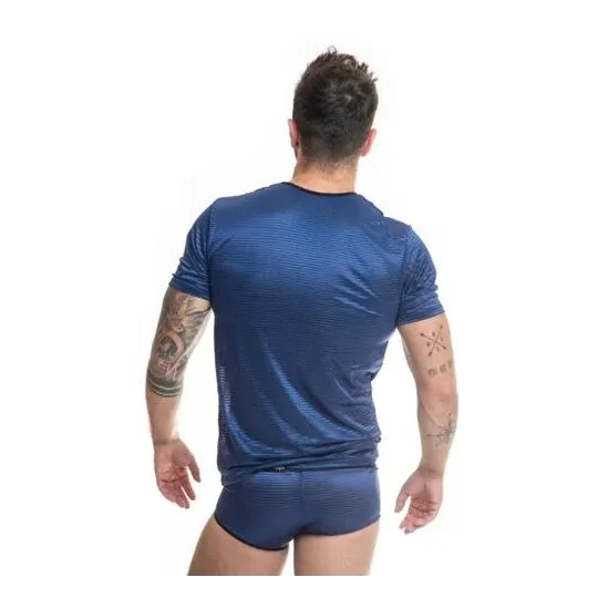 T-shirt in tulle a righe satinate blu marino Anais Men - righe verticali satinate uomo