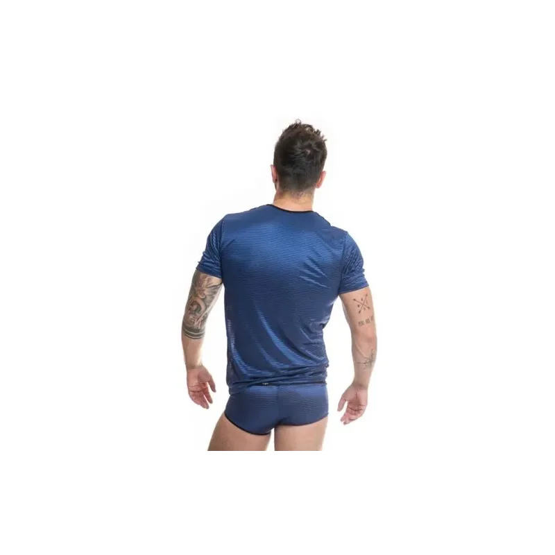 Navy blue satin striped tulle t-shirt Anais Men - vertical satin stripes men's
