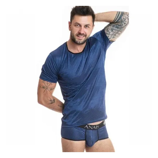 T-shirt in tulle a righe satinate blu marino Anais Men - righe verticali satinate uomo