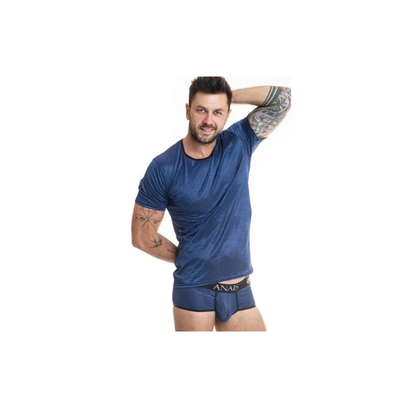 Navy blue satin striped tulle t-shirt Anais Men - vertical satin stripes men's
