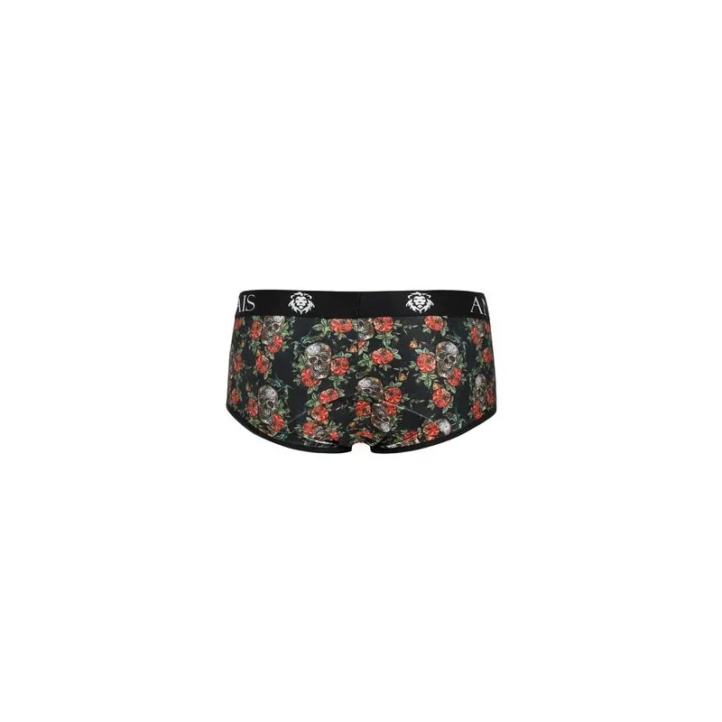 Men's soft modal brief ANAIS MEN with rose and skull print, sporty cut, short legs.