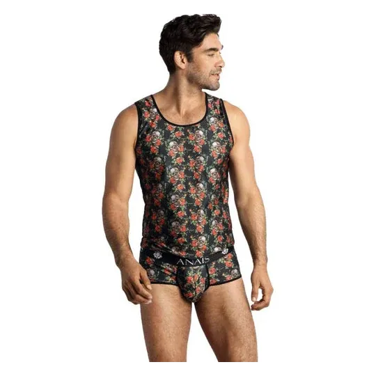 Herren ärmelloses Shirt ANAIS MEN mit Rosen und Totenkopf-Print, enganliegend