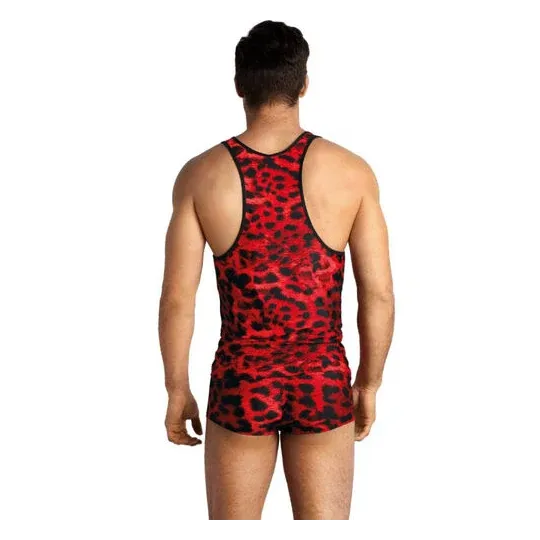 Top microfibra rosso stampa animalier Anais Men uomo vista anteriore senza maniche