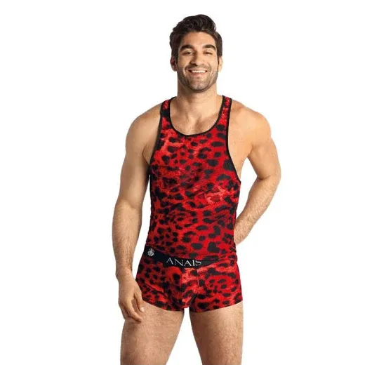 Top microfibra rosso stampa animalier Anais Men uomo vista anteriore senza maniche