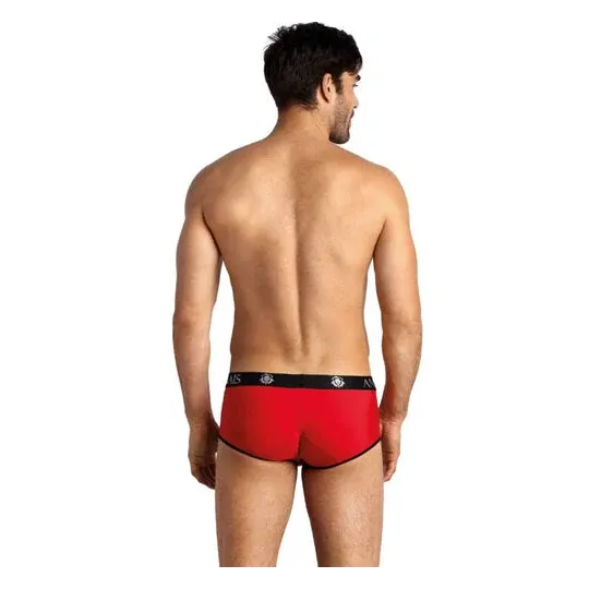 Slip sportivo in microfibra rosso Anais Men, vista frontale, vestibilità aderente, gambe corte, taglie S-3XL