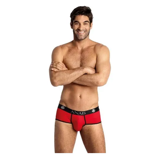 Slip sportivo in microfibra rosso Anais Men, vista frontale, vestibilità aderente, gambe corte, taglie S-3XL