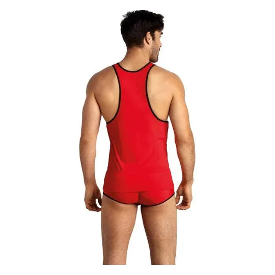 Red sleeveless microfiber top ANAIS MEN for men, front view, black trim.