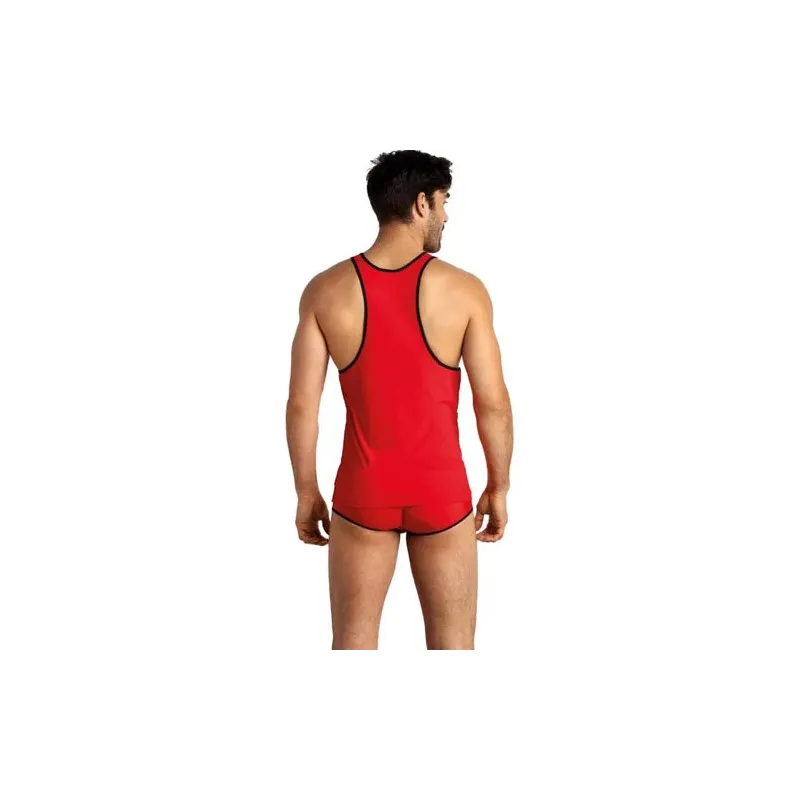Red sleeveless microfiber top ANAIS MEN for men, front view, black trim.