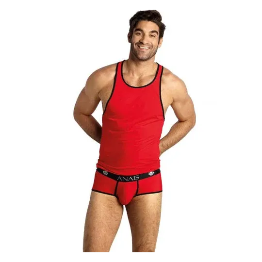Red sleeveless microfiber top ANAIS MEN for men, front view, black trim.