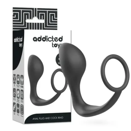 Analplug mit Penisring Addicted Toys aus schwarzem Silikon – Gesamtansicht von vorne