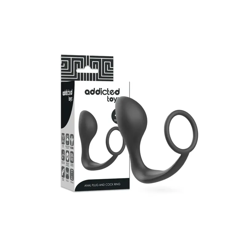 Plug anal avec anneau pénien Addicted Toys en silicone noir – vue d'ensemble avant
