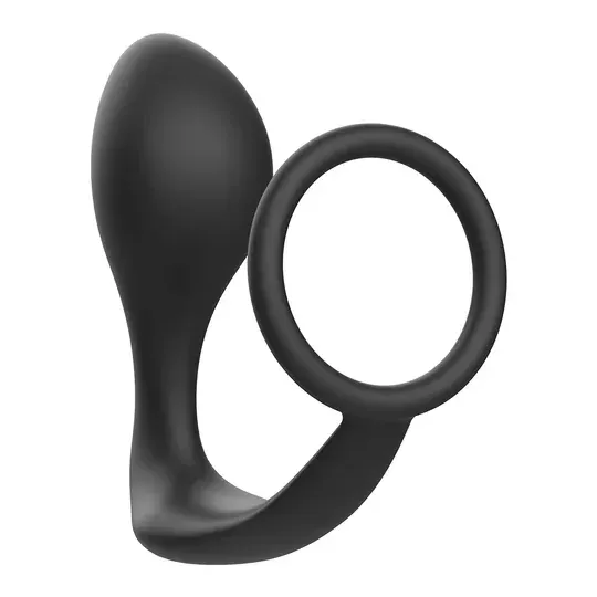 Black silicone anal plug with cock ring by Addicted Toys – front overall view