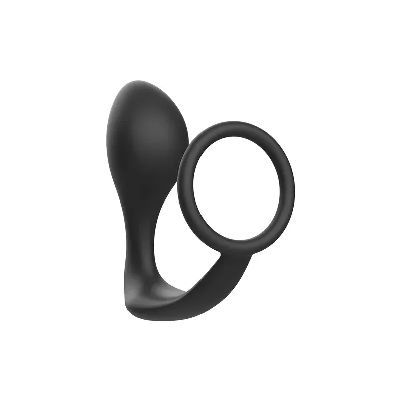 Plug anal con anillo de pene Addicted Toys de silicona negra – vista general frontal" }, { "fr": "Plug anal noir Addicted Toys a