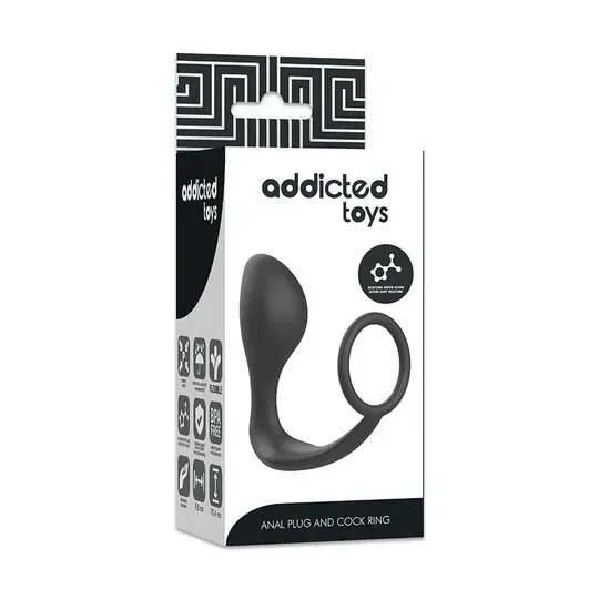 Black silicone anal plug with cock ring by Addicted Toys – front overall view