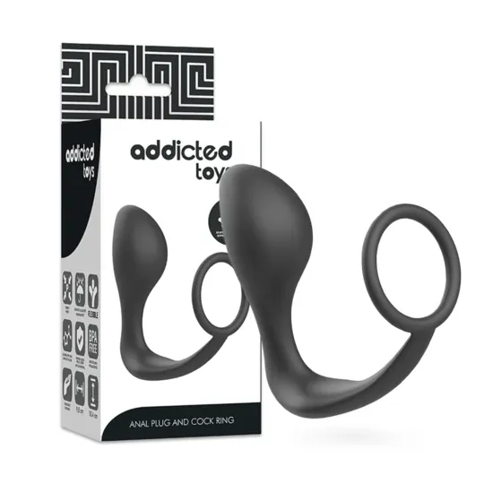 Plug anal avec anneau pénien Addicted Toys en silicone noir – vue d'ensemble avant