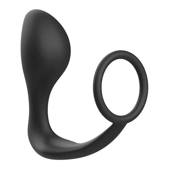 Analplug mit Penisring Addicted Toys aus schwarzem Silikon – Gesamtansicht von vorne