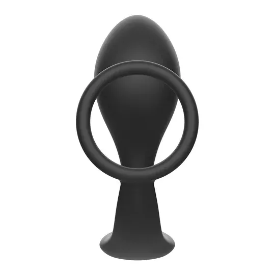 Plug anale con anello penieno Addicted Toys in silicone nero – vista frontale completa