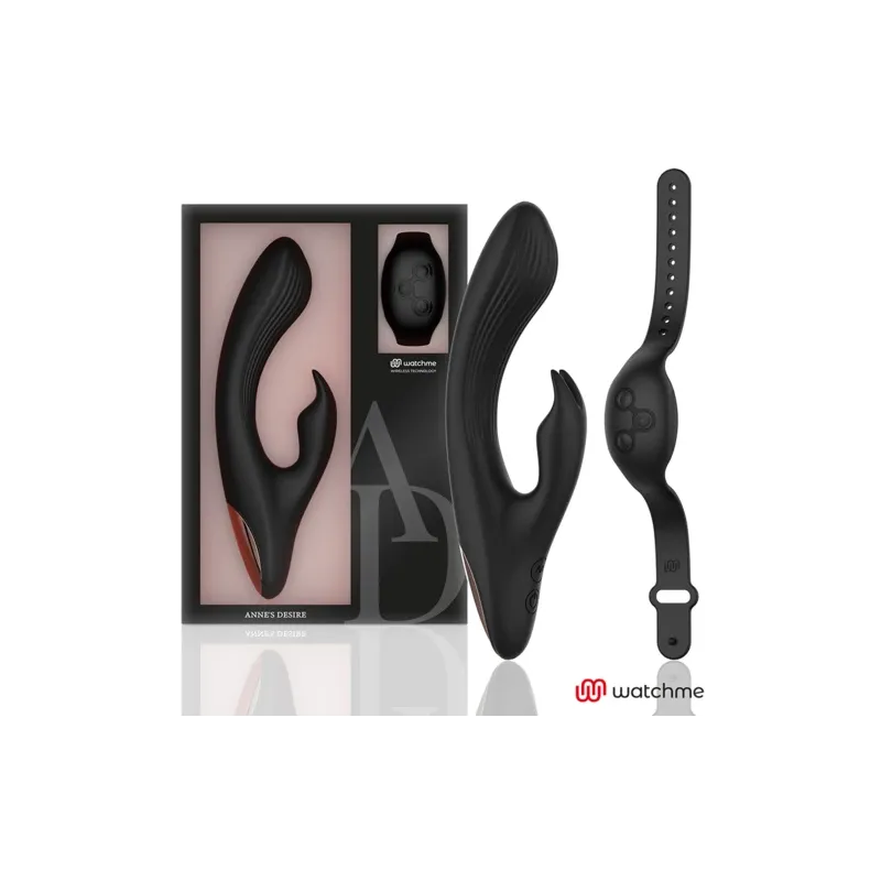 Vibratore coniglio nero Anne's Desire WatchMe con orologio telecomando, doppio motore, silicone medicale, impermeabile