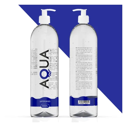 Flacone trasparente di lubrificante AQUA QUALITY a base d'acqua, 1000 ml, incolore e inodore.