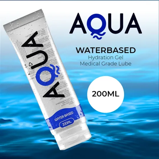 Transparent bottle of water-based lubricant AQUA QUALITY 200 ml, colorless and odorless intimate gel