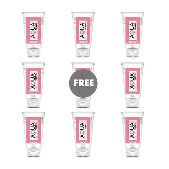 Lubricante a base de agua AQUA TRAVEL sabor crema de fresa, envase rosa tamaño viaje 50ml.