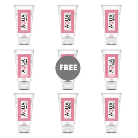 Wasserbasiertes Gleitgel AQUA TRAVEL mit Erdbeercreme-Geschmack, rosa Flasche Reisegröße 50ml.