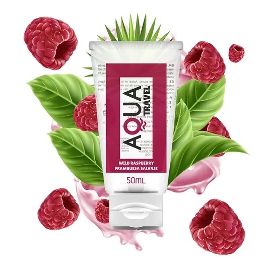 Lubrifiant à base d'eau AQUA TRAVEL saveur framboise sauvage, format voyage 50 ml, teinte rosée