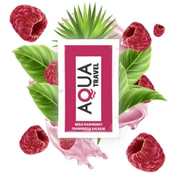 Lubricante a base de agua AQUA TRAVEL, sabor frambuesa silvestre, tamaño viaje 6 ml, color rosa.