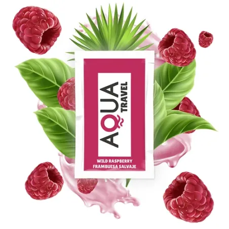 Lubrificante a base d'acqua AQUA TRAVEL, gusto lampone selvatico, formato viaggio 6 ml, colore rosa.