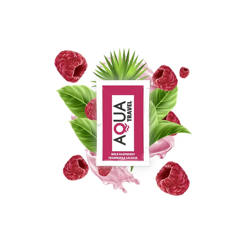 Lubrifiant à base d'eau AQUA TRAVEL, saveur framboise sauvage, format voyage 6 ml, couleur rose.