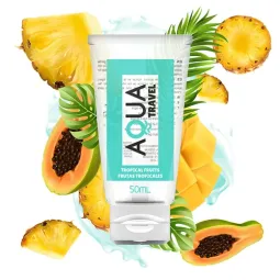 Clear bottle of water-based lubricant AQUA TRAVEL tropical fruit flavor, 50 ml travel size