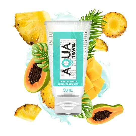 Clear bottle of water-based lubricant AQUA TRAVEL tropical fruit flavor, 50 ml travel size