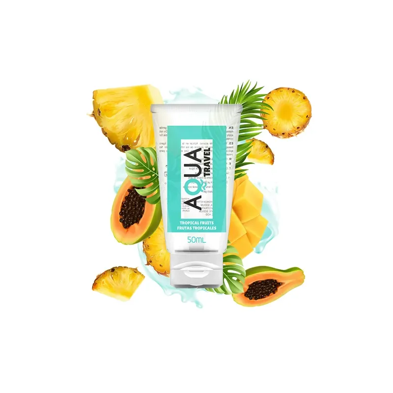 Clear bottle of water-based lubricant AQUA TRAVEL tropical fruit flavor, 50 ml travel size