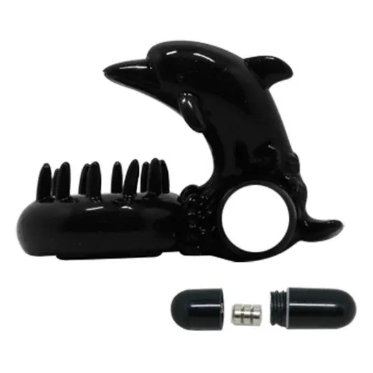Anillo vibrante Baile For Him negro con estimulador de clítoris delfín, vibraciones potentes de silicona