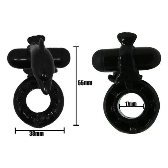 Anillo vibrante Baile For Him negro con estimulador de clítoris delfín, vibraciones potentes de silicona