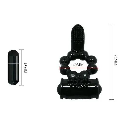 Anneau vibrant BAILE FOR HIM Sweet Ring noir à double stimulation avec lapin clitoridien en silicone