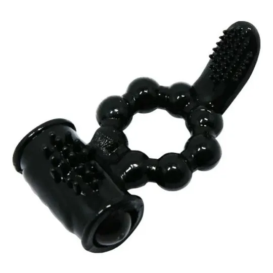 Schwarzer Vibrationsring BAILE FOR HIM Sweet Ring mit Doppelstimulation und Klitoris-Hase aus Silikon