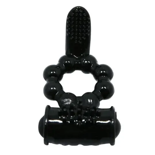 Anneau vibrant BAILE FOR HIM Sweet Ring noir à double stimulation avec lapin clitoridien en silicone