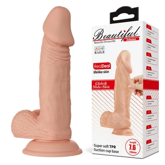 Dildo realistico BAILE con ventosa, colore pelle, TPR, venato, con testicoli, 19,4 cm.