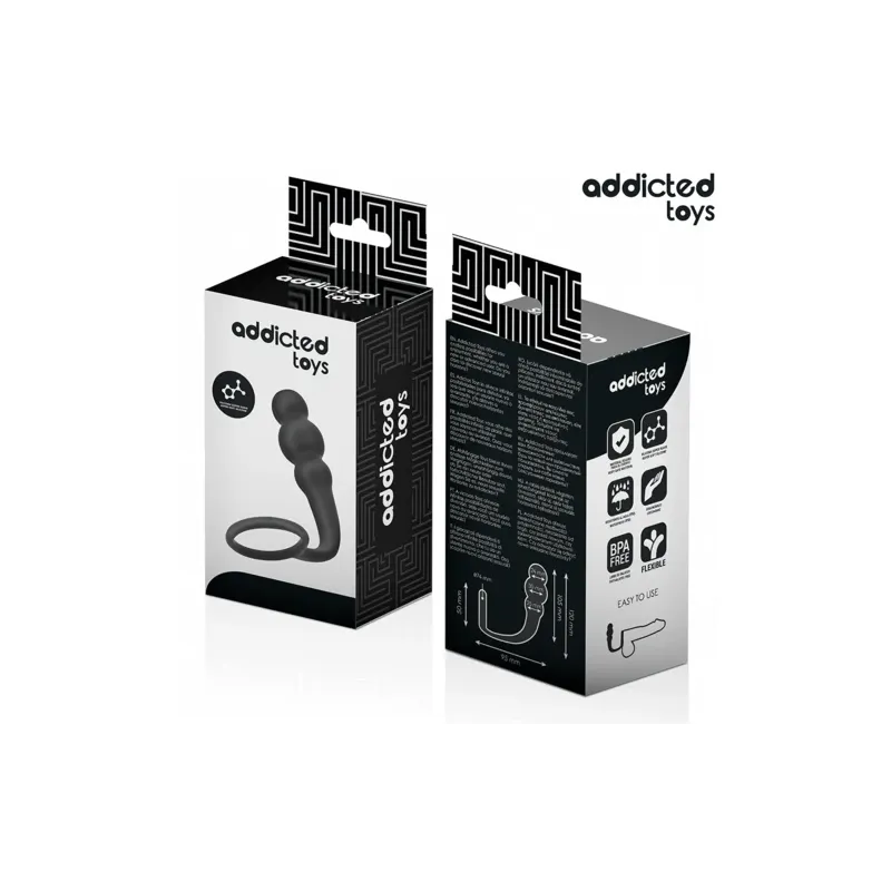 Plug anal con anillo de estimulación Addicted Toys de silicona médica negra - vista general" }, { "fr": "Gros plan sur l'anneau 